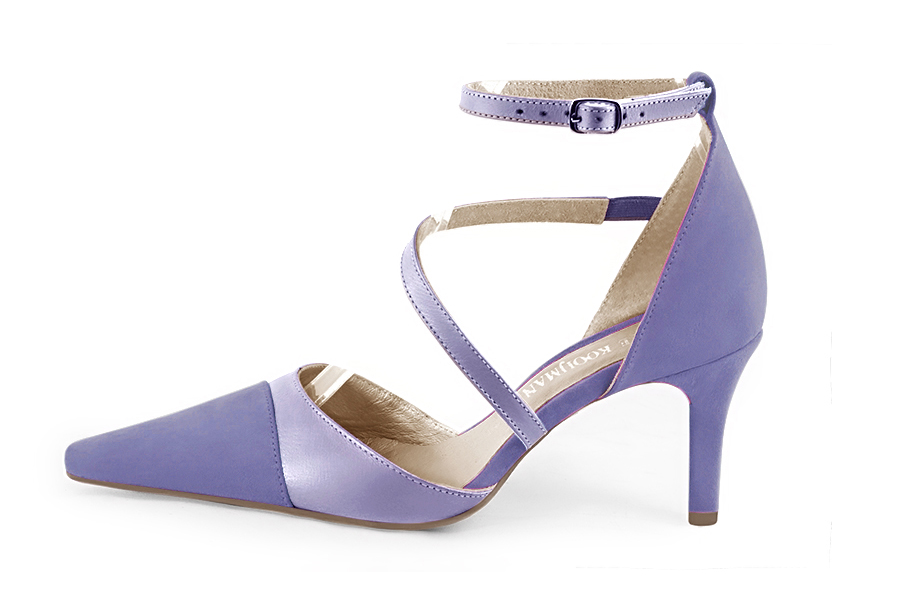 French elegance and refinement for these lavender purple dress open side shoes, with snake-shaped straps, 
                available in many subtle leather and colour combinations. This charming model with its "snake strap" will sublimate your outfit.
For very thin feet, prefer the Phoenix model.
To personalize or not, according to your outfits or your desires.  
                Matching clutches for parties, ceremonies and weddings.   
                You can customize these shoes to perfectly match your tastes or needs, and have a unique model.  
                Choice of leathers, colours, knots and heels. 
                Wide range of materials and shades carefully chosen.  
                Rich collection of flat, low, mid and high heels.  
                Small and large shoe sizes - Florence KOOIJMAN